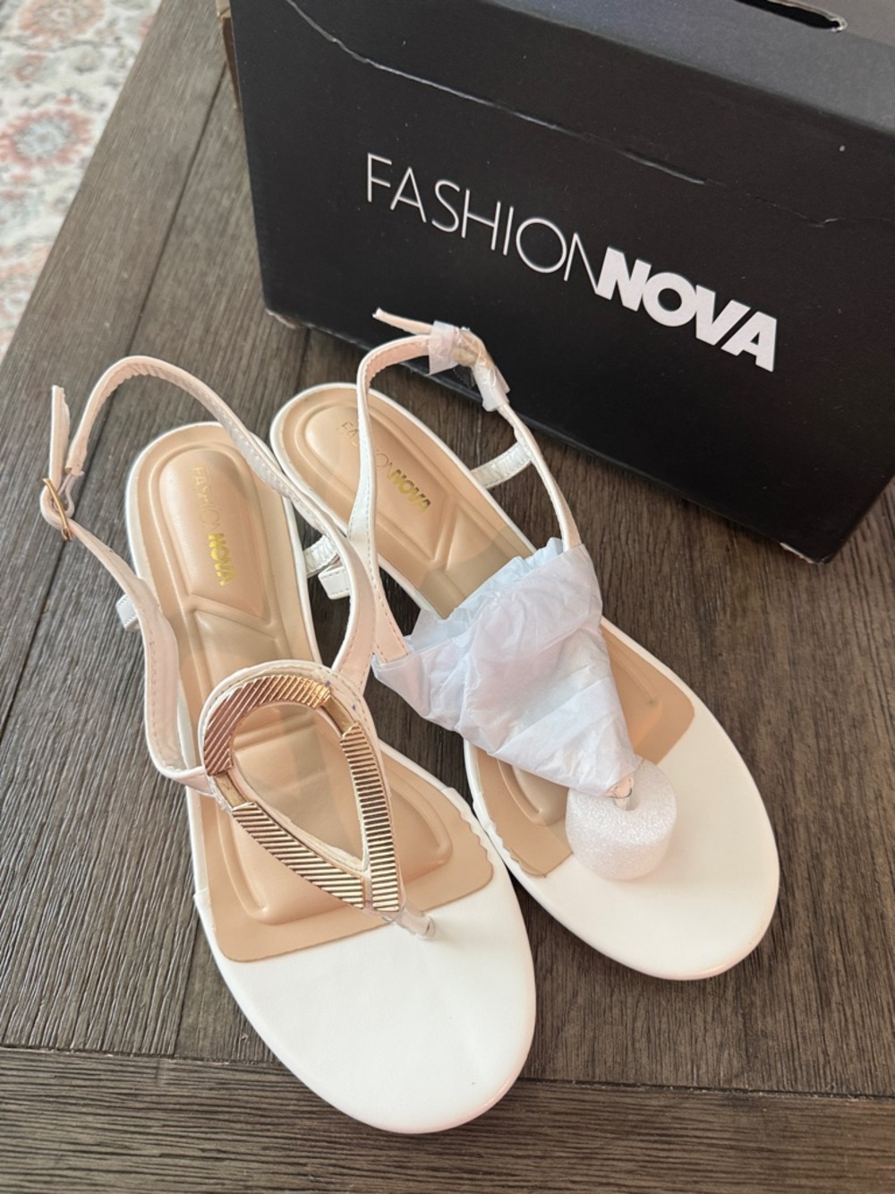 Fashion Nova Ivory/Nude T-Strap Sandals with Gold Accent